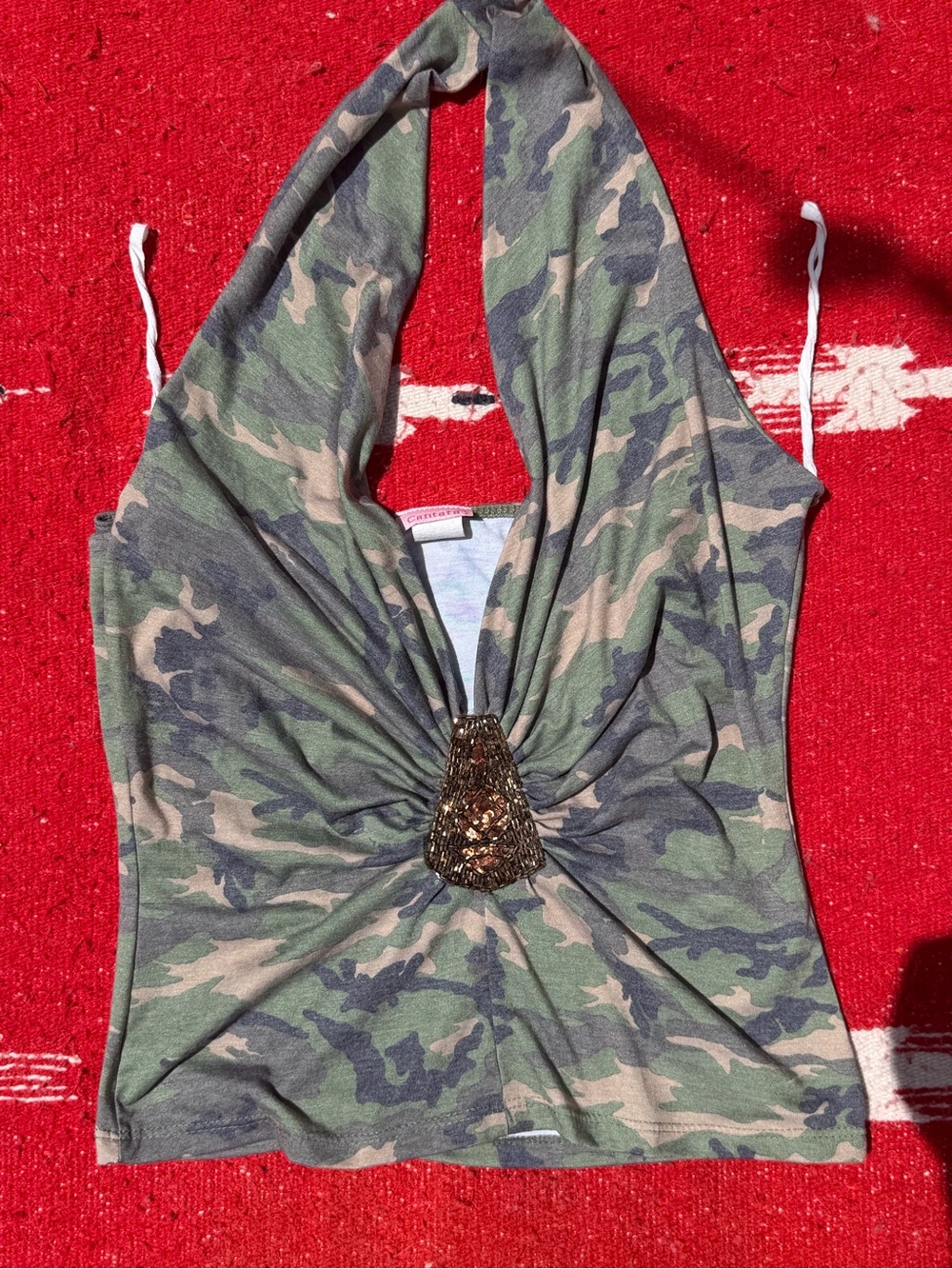 y2k Camo Halter Top with Embellished Center